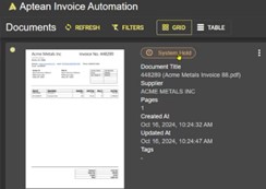 Invoice Automation Document List View with the document in the System Hold status