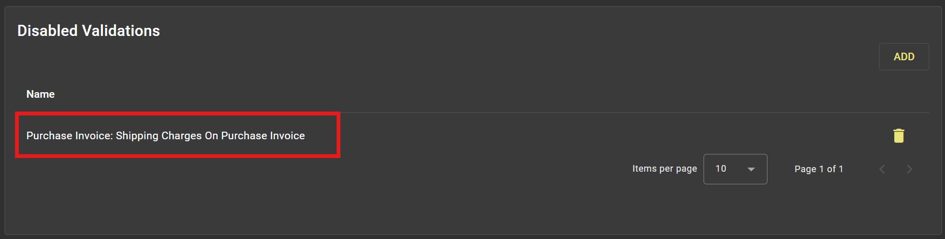 Disabled Validations Screen with Purchase Invoice: Shipping Charges Missing On Purchase Invoice disabled