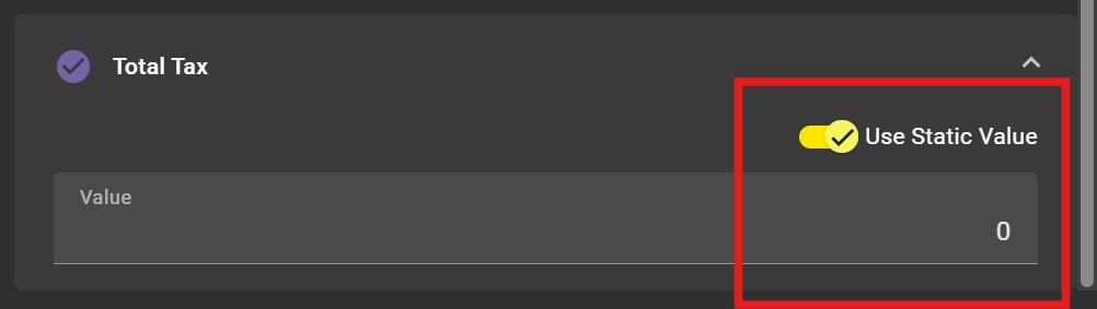 Total Tax set as a static value of 0