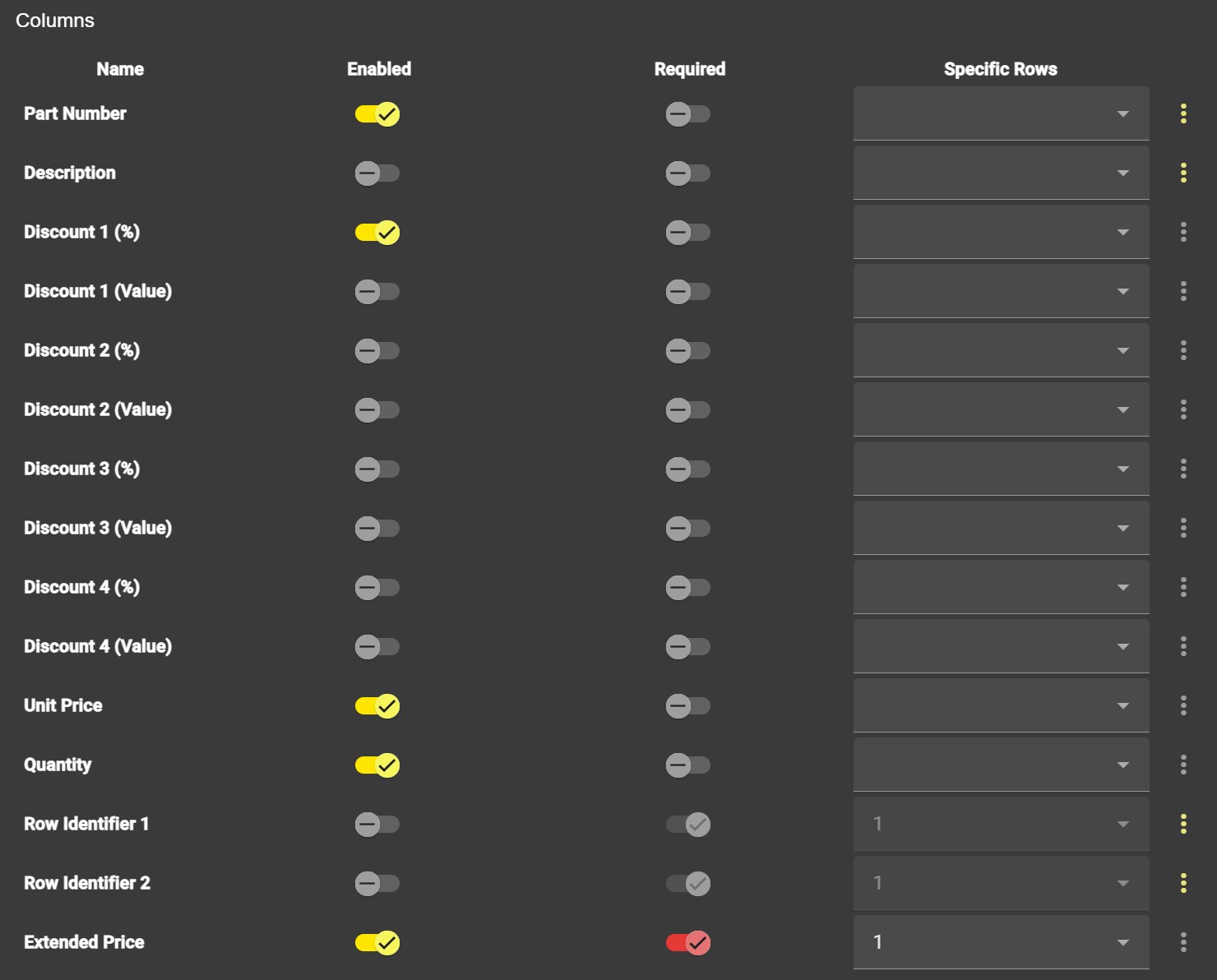 Table column configuration