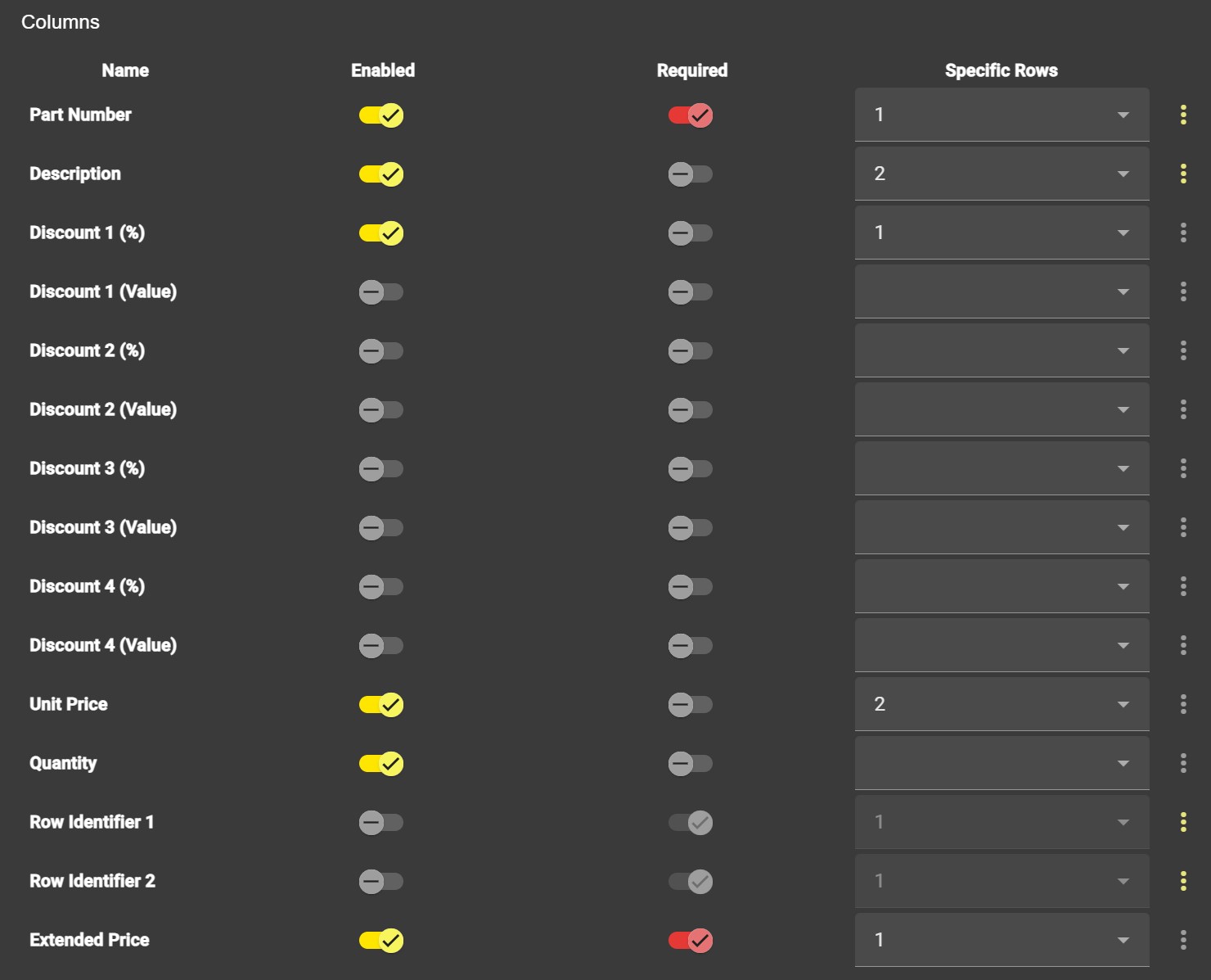 Table columns updated to include specific row information
