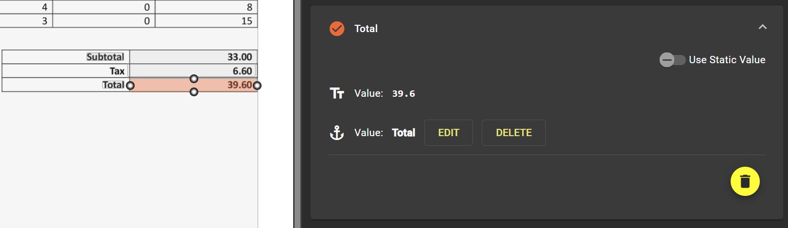 Total anchored to the Total label