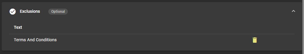 Terms and Conditions text has been added to exclusion table